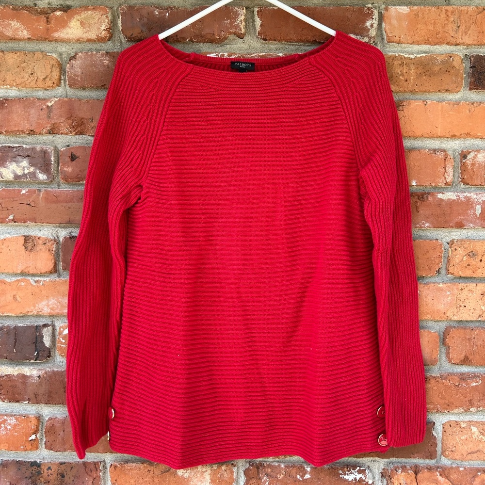 Talbots Petites Women’s Red Ribbed Sweater with Button Accents Cotton LP